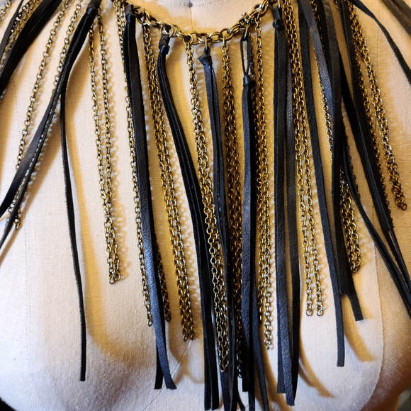 Black & Gold Faux Leather & Chain Fringe Necklace - Picture 2 of 4